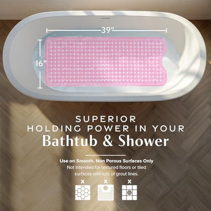 SlipX Solutions 39"x16" Power Grip Non Slip Bathtub Shower Mat, Pink | Stronger Wet Surface Protection, Soft Under Foot, 265+ Suction Cups, Large Drainage Holes - color: Clear Pink