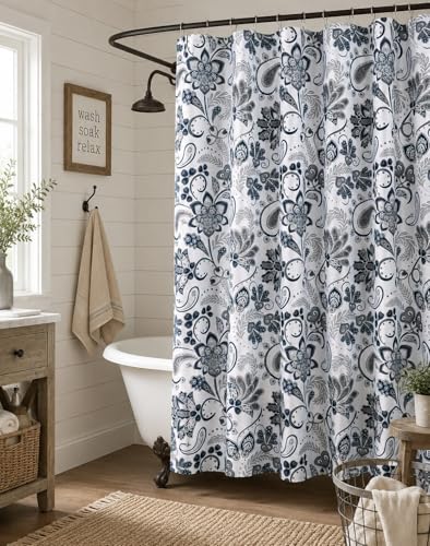 Serafina Home Hotel Quality Navy Gray Grey Fabric Bathroom Shower Curtain: Paisley Floral Leaf Damask Design on White (72 x 70 inches) - color: Jacobean
