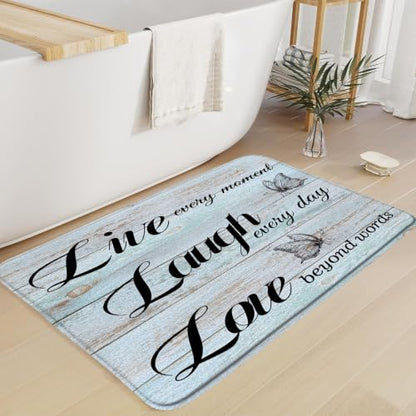 Live Laugh Love Bath Mat Rustic Teal Wooden Board Butterflies Inspirational Quotes Positive Motto Phrase Bathroom Kitchen Toilet Rugs,16x24 Inch - size: 1'4" x 2' (Rectangular)