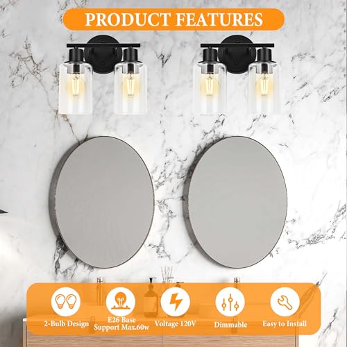 2-Light Bathroom Vanity Light Fixture Black Two Bulb Vanity Bathroom Lights Over Mirror, 2-Light Black Wall Sconce Over Sink - color: Black, size: 2-Light