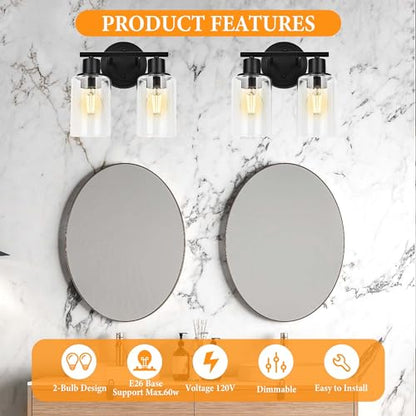 2-Light Bathroom Vanity Light Fixture Black Two Bulb Vanity Bathroom Lights Over Mirror, 2-Light Black Wall Sconce Over Sink - color: Black, size: 2-Light
