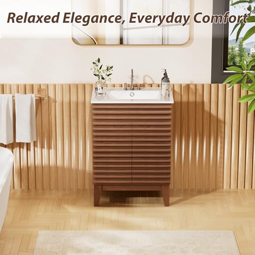 APRILSOUL 24" Bathroom Vanity with Ceramic Sink, Mid-Century Bathroom Vanity Cabinet with 2 Soft Closing Doors, Freestanding Bathroom Vanity, Particleboard Frame with Wood Grain Laminate, Walnut - color: Walnut/ White Sink, size: 24 Inch