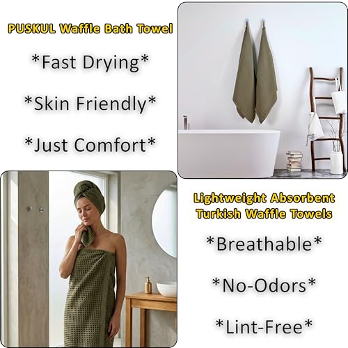 PÜSKÜL Natural 100% Turkish Cotton Waffle Bath Towels Set of 2, Extra-Large | Khaki Green, Oversize 32x63" Bath sheet towel for bathroom & beach. Honeycomb-Waffle weave, Premium oeko-tex made in Turkey. - color: Khaki Green, size: Bath Towels - Pack of 2
