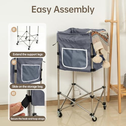 Laundry Basket with Wheels, 35.9" No-Bend Rolling Hamper, Grey | 600D washable bag, steel frame, foldable design, bathroom, dorm, bedroom, laundry room - color: Grey