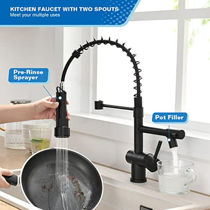VFAUOSIT Commercial Kitchen Faucet with Pull Down Sprayer, Matte Black | Dual Outlets, Hands-Free Buckle Lock, Tilted Pot Filler, 360° Independent Rotation, cUPC/CEC Certified, 500,000-Cycle Valve - color: Matte Black-01