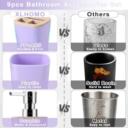 Purple Bathroom Accessories Set, 9 Piece Purple Bathroom Accessory Set with Trash Can,Toothbrush Holder,Toothbrush Cup,Lotion Soap Dispenser,Vanity Tray,Soap Dish,Toilet Brush,Qtip Holder - size: Bath Set, style: Light Purple