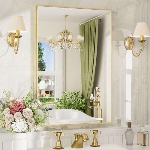 24"x36" Gold Rectangle Bathroom Mirror for Over Sink, Wall Mounted | Tempered Glass, Clear HD Reflection, Moisture-Resistant Aluminum Frame, Hangs Vertically or Horizontally for Bathroom Vanity - color: Gold, size: 24"L x 36"W