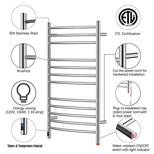 12-Bar Curved Towel Warmer, Heated Towel Rack with Timer, Brushed | 12 Curved Heating Bars, Timer And Temperature Control, 160W Power, Wall-Mounted Design, Plug-In Or Hardwired Installation - color: Brushed