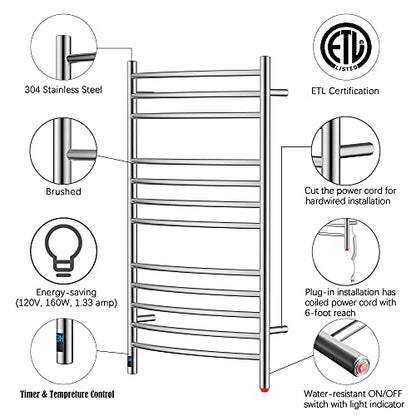 12-Bar Curved Towel Warmer, Heated Towel Rack with Timer, Brushed | 12 Curved Heating Bars, Timer And Temperature Control, 160W Power, Wall-Mounted Design, Plug-In Or Hardwired Installation - color: Brushed