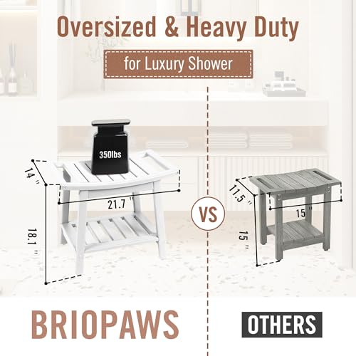 BRIOPAWS Shower-Bench-Seat-Waterproof | White Shower Stool-for-Inside-Shower | HDPE Plastic | Bathroom-Benches w/Storage Shelf & Handles | Shaving Legs | Indoor Outdoor Use | 21.8 x 14 x 18.1 Inch - size: White-L