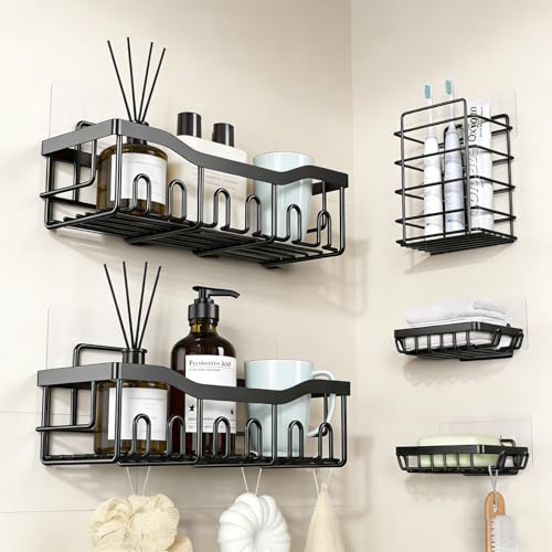 Durable Rustproof Shower Caddy 5 Pack, Stainless Steel Bathroom Storage Accessories, No Drilling Adhesive Shower Organizer, Hanging Bathroom Rack Shelves with Soap Razor Holder Set, Black