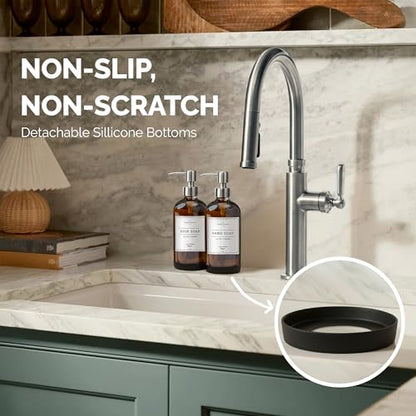 Vine Creations Amber Glass Soap Dispenser, 2 Pack Kitchen Soap Dispenser Set with Stainless Steel Pump, 16 oz Hand Soap or Dish Soap for Bathroom or Kitchen with Waterproof Labels - color: Amber Bottle / Silver Pump
