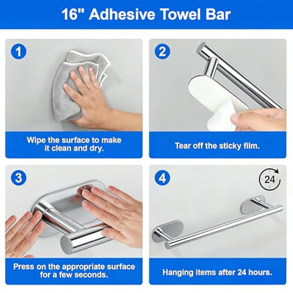 Towel Bar,Adjustable 16-24" Towel Rack,SUS304 Stainless Steel Bathroom Towel Holder,No Drill,Self Adhesive & Wall Mounted for Bathroom Kitchen Hand Towel Holder Cloths(Matte Black) (silver) - color: Silver