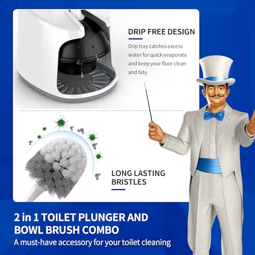 MR.SIGA Toilet Plunger and Brush with Holder for Toilet Cleaning, White | Heavy duty toilet brush and plunger set, plunger toilet brush combo - color: White