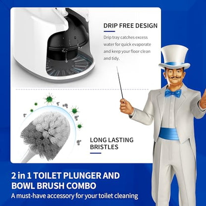 MR.SIGA Toilet Plunger and Brush with Holder for Toilet Cleaning, White | Heavy duty toilet brush and plunger set, plunger toilet brush combo - color: White