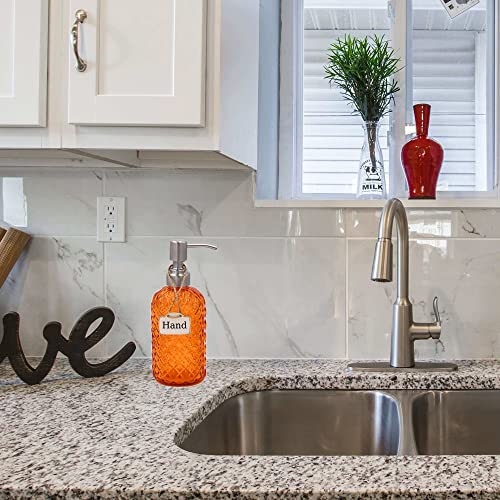 16 oz Diamond Pattern Glass Soap Dispenser, Kitchen and Bathroom Refillable Soap Dispenser with Rust Resistant Stainless Steel Pump for Hand Soap, Lotion Glass Liquid Dispenser - color: Orange