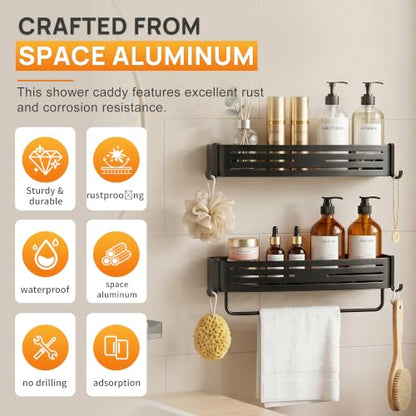 Black Adhesive Square Shower Caddy with Towel Bar, Soap Holder and Hooks | Adhesive black shower basket with towel bar, soap holder and hooks for smooth tile, glass, stainless steel and bathroom walls - color: Black