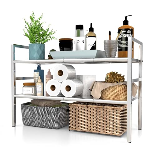 Under Sink Organizers and Storage,Expandable under cabinet organizer Shelf | 2-tier stainless steel heavy-duty expandable rack with 8 panels & adjustable width 18.9"-34.6" for kitchen bathroom shoe rack