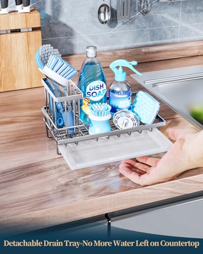 Consumest Sink Caddy, Kitchen Sponge Holder with Dish Brush Holder, Kitchen Sink Organizer with Drip Tray for Countertop Stainless Steel Rustproof, Silver-Large - color: Silver-l