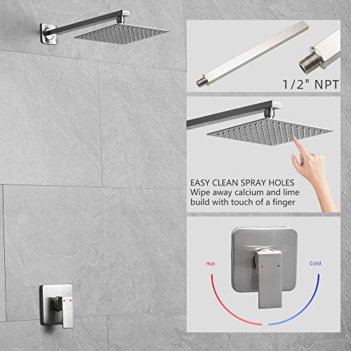Shower Faucet Set Brushed Nickel, Single Function Shower Trim Kit with Rough-in Valve, Square Rain Shower Head System Included Extra Long Shower Arm for Bathroom - color: Brushed Nickel, style: Shower Faucet