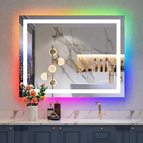 36x30 Inch RGB LED Bathroom Mirror Front Light and RGB Backlit Lighted Vanity Mirror for Bathroom Wall Mounted Dimmable Anti Fog Memory Shatter-Proof IP54 Waterproof Horizontal/Vertical - color: Rgb Backlit+front Lit, size: 36"L x 30"W