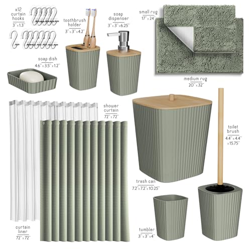 Clara Clark Bathroom Accessories Set - Bathroom Set, Bathroom Sets with Shower Curtain and Rugs, Shower Curtain Set with Trash Can - Sage Green - 22PC | 22 Piece Sage Green Bathroom Accessories Set with Toothbrush Holder, Soap Dispenser, Soap Dish, Toilet