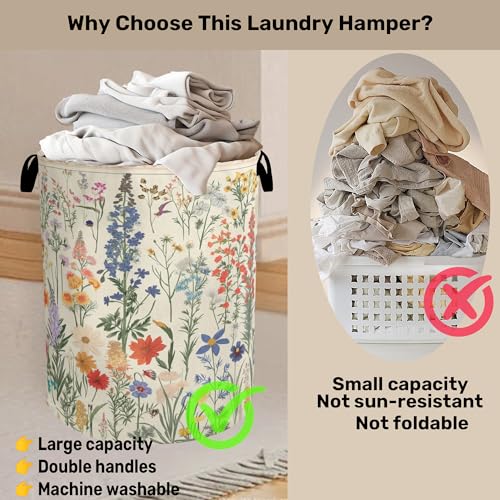 Summer Wild Herbs Large Clothes Hamper Bag - Laundry Basket with Handles, Space Saving Foldable Design for Nursery - color: Summer Wild Herbs