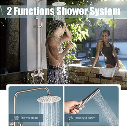 Aolemi Outdoor Shower Kit SUS304 with Cylinder Handheld Brushed Nickel | 2 Function,8 Inch Head,Cylinder Handheld Spray,Adjustable Height,Outside Exposed Shower Fixture,Single Handle,Wall Mount - color: Nickel
