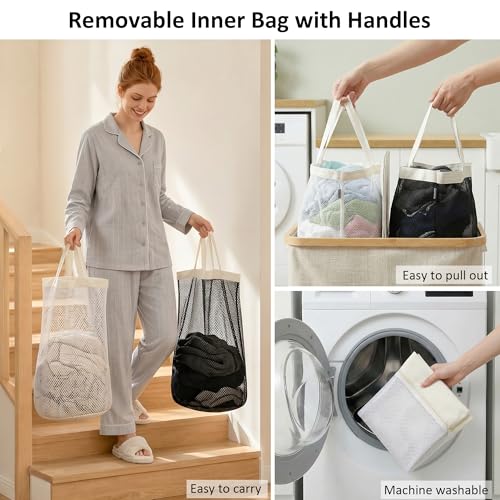 efluky Laundry Hamper with Lid, Double Laundry Basket with 2 Removable Bags, 2 Section Laundry Bin with Bamboo Handles for Bathroom, Bedroom & Laundry Room, 170L (44.9 Gallon) Beige - color: Beige, size: 170L Dual