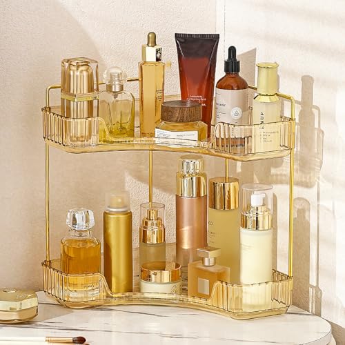 Aveniee Corner Bathroom Counter Organizer, Bathroom Countertop Shelf Makeup Organizer for Vanity Perfume Tray for Corner Storage (2 Tiers, Gold) - color: Amber Gold, size: 2 Tier