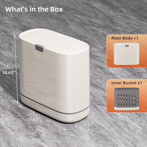 Bathroom Trash Can with Lid, 2.6 Gallon Slim Garbage Can with Inner Bucket, Press Top Bin, Plastic Narrow Wastebasket for Kitchen, Home, Office, Bedroom, Living Room
