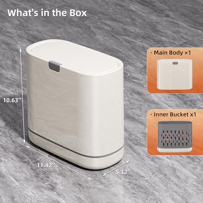 Bathroom Trash Can with Lid, 2.6 Gallon Slim Garbage Can with Inner Bucket, Press Top Bin, Plastic Narrow Wastebasket for Kitchen, Home, Office, Bedroom, Living Room