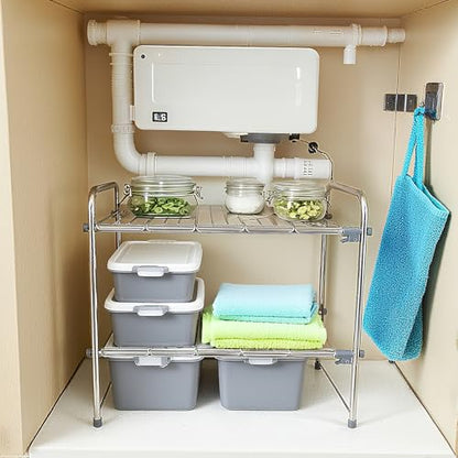 Under Sink Organizers and Storage，2 Tier Expandable Under Cabinet Organizer Shelf for Under Kitchen Bathroom Sink Organizers and Storage