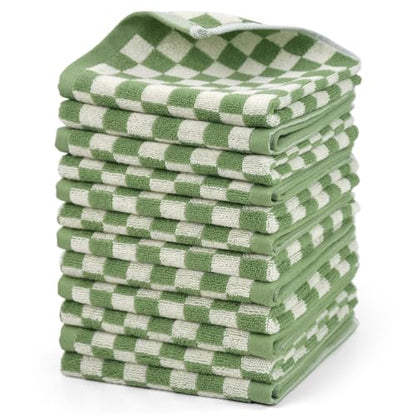 Jacquotha Wash Cloths Super Soft (Green Checkered), Wash Clothes 12 Pack | Cotton Face Cloths for Washing Face Showering 13x13 Inches - color: Green