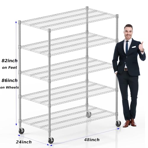 Homdox 5 Tier Heavy Duty Metal Shelves, Storage Racks and Shelving with Wheels, Commercial Adjustable Wire Shelving Unit, Garage Rack Pantry Shelves Kitchen Shelving, Chrome - color: Chrome, size: 24"Dx 48"Wx 82"H, 5 Tier