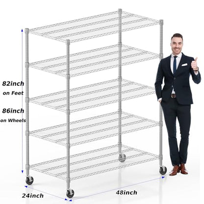 Homdox 5 Tier Heavy Duty Metal Shelves, Storage Racks and Shelving with Wheels, Commercial Adjustable Wire Shelving Unit, Garage Rack Pantry Shelves Kitchen Shelving, Chrome - color: Chrome, size: 24"Dx 48"Wx 82"H, 5 Tier
