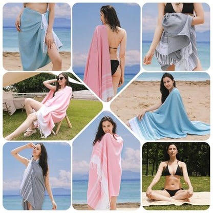 Genovega 6 Oversized Cotton Turkish Beach Bath Towel Set Bulk 74"x38" Extra Large Sand Free Quick Dry Swimming Camping Pool Clearance Towels Blanket Essentials Adult Multi Stripe - color: Orange Lightblue Grey Yellow Purple Lightgreen