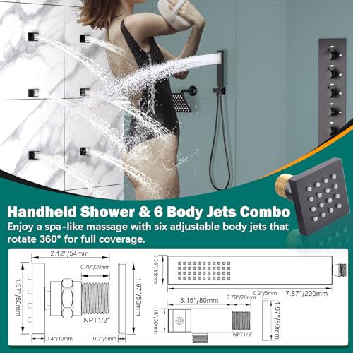 HOMEDEC Multi-Function Shower System with LED 14x20inch and Dual 6" Shower Heads, 5 Way Thermostatic Diverter Valve Shower Faucet Set, Black - color: Black, style: 5-Way + 2x 6" Top