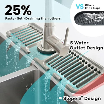 Daily Treasures 15.7"x4.7" Silicone Faucet Splash Guard With Brush, 5° Large Slope Sink Splash Guard Mat For Bathroom And Kitchen Sink (Green)