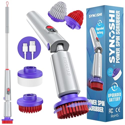 Synoshi PRO Electric Spin Scrubber with Long Handle & Cone Brush Heads | Cordless Shower Scrubber, Bathroom Cleaning Brush, Adjustable Angles, 2 Speeds Power Scrubber for Tub, Floor & Tile