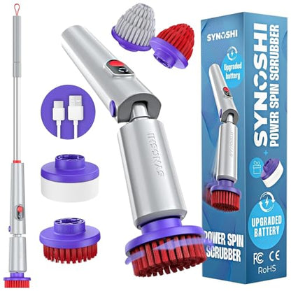 Synoshi PRO Electric Spin Scrubber with Long Handle & Cone Brush Heads | Cordless Shower Scrubber, Bathroom Cleaning Brush, Adjustable Angles, 2 Speeds Power Scrubber for Tub, Floor & Tile