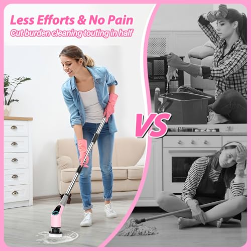 Dovety Electric Spin Scrubber, Cordless Cleaning Brush, Shower Scrubber with 8 Replaceable Brush Head, Power Cleaning Brush with Extension Handle, 2 Adjustable Speed, for Bathtub Tile Floor (Pink)