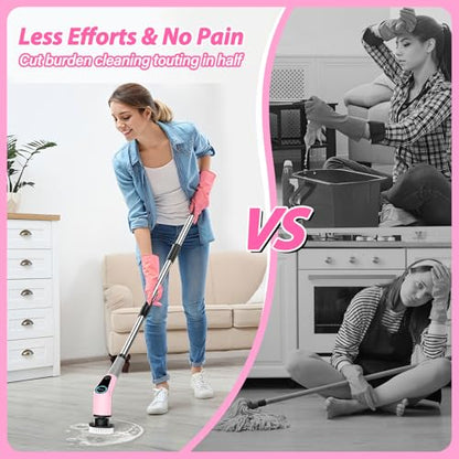 Dovety Electric Spin Scrubber, Cordless Cleaning Brush, Shower Scrubber with 8 Replaceable Brush Head, Power Cleaning Brush with Extension Handle, 2 Adjustable Speed, for Bathtub Tile Floor (Pink)