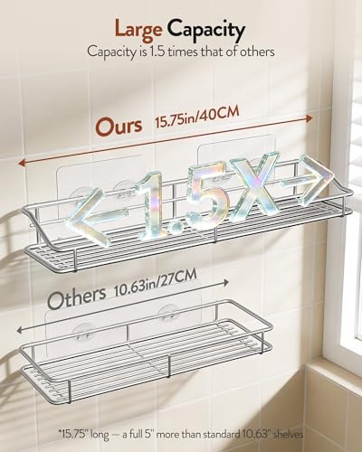 Orimade Bathroom Shelf Organizer Shower Caddy Storage Kitchen Rack with Traceless Transparent Adhesive No Drilling SUS304 Stainless Steel, 15.75 inch, Silver - color: Silver