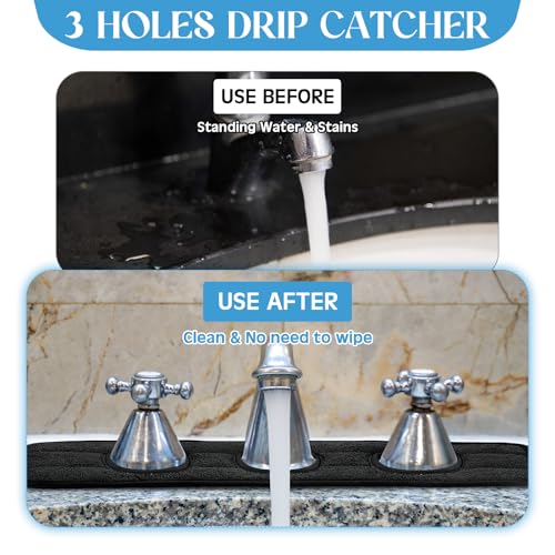 Teenyyou 2 Pcs Faucet Mat for Kitchen Sink Splash Guard for Kitchen Sink Faucet Dish Drying Mat for Bathroom Sponge Holder(Black,3 Round Holes) - color: Black
