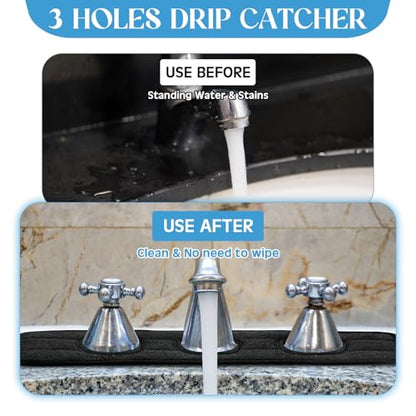 Teenyyou 2 Pcs Faucet Mat for Kitchen Sink Splash Guard for Kitchen Sink Faucet Dish Drying Mat for Bathroom Sponge Holder(Black,3 Round Holes) - color: Black
