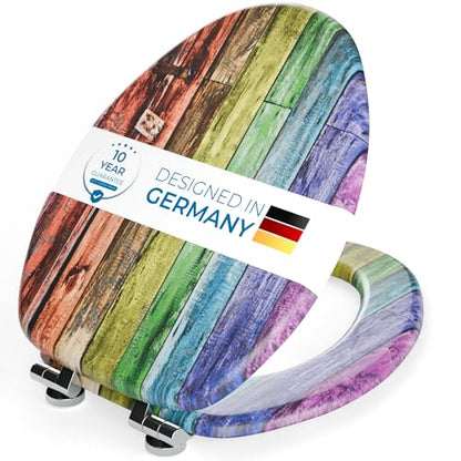 SANILO Wooden Toilet Seat with Soft Close [ELONGATED] - Decorative, Quiet & Slow Close Molded Wood Seat - With Strong Bumpers & Hinges - Adjustable Fit - Rainbow - color: Rainbow