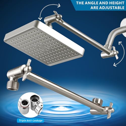 High Pressure Rain Shower Head with 11'' Extension Arm - High Flow Rainfall Showerhead - Luxury Modern Look - Pressure Boosting (Square, Matte Black) - color: Brushed Nickel, style: 6" Square