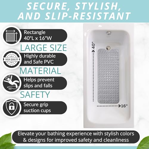 ENKOSI Non-Slip Bath & Shower Mat 40x16 Extra Long, Suction & Drain Holes | Gray color; Durable PVC; 40x16 in, Gray - color: Gray