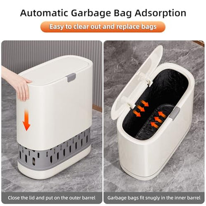 Bathroom Trash Can with Lid, 2.6 Gallon Slim Garbage Can with Inner Bucket, Press Top Bin, Plastic Narrow Wastebasket for Kitchen, Home, Office, Bedroom, Living Room